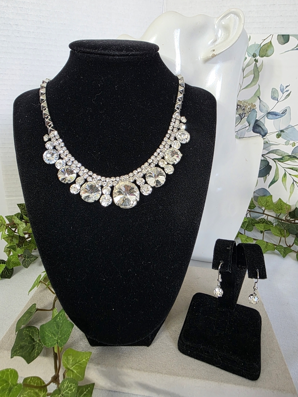 Rhinestone Statement Bib Necklace & Earring Set 💎 Formal Gala Glam